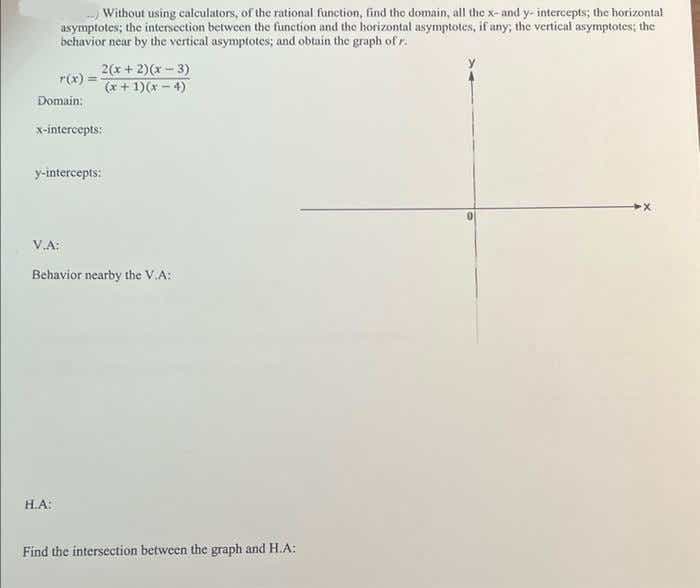 Without using calculators, of the rational function, find the domain, all the x-and y- intercepts; the horizontal
asymptotes; the intersection between the function and the horizontal asymptotes, if any; the vertical asymptotes; the
behavior near by the vertical asymptotes; and obtain the graph of r.
2(x + 2)(x - 3)
r(x)
*+ 1)(x - 4)
Domain:
x-intercepts:
y-intercepts:
V.A:
Behavior nearby the V.A:
H.A:
Find the intersection between the graph and H.A:
