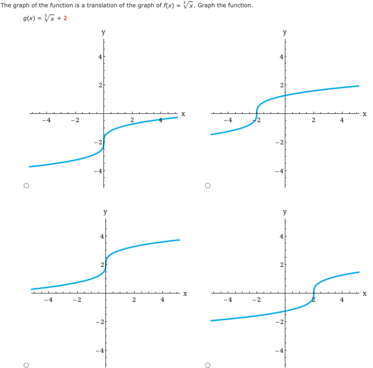 The graph of the function is a translation of the graph of f(x) = Vx. Graph the function.
g(x) = Vx + 2
y
4
4
2
2
X
X
-4
-2
-4
4
-2
-2
-4
-4
y
y
4
4
2
2
X
X
-4
-2
4
-4
-2
4
-2
-2
-4
-4
