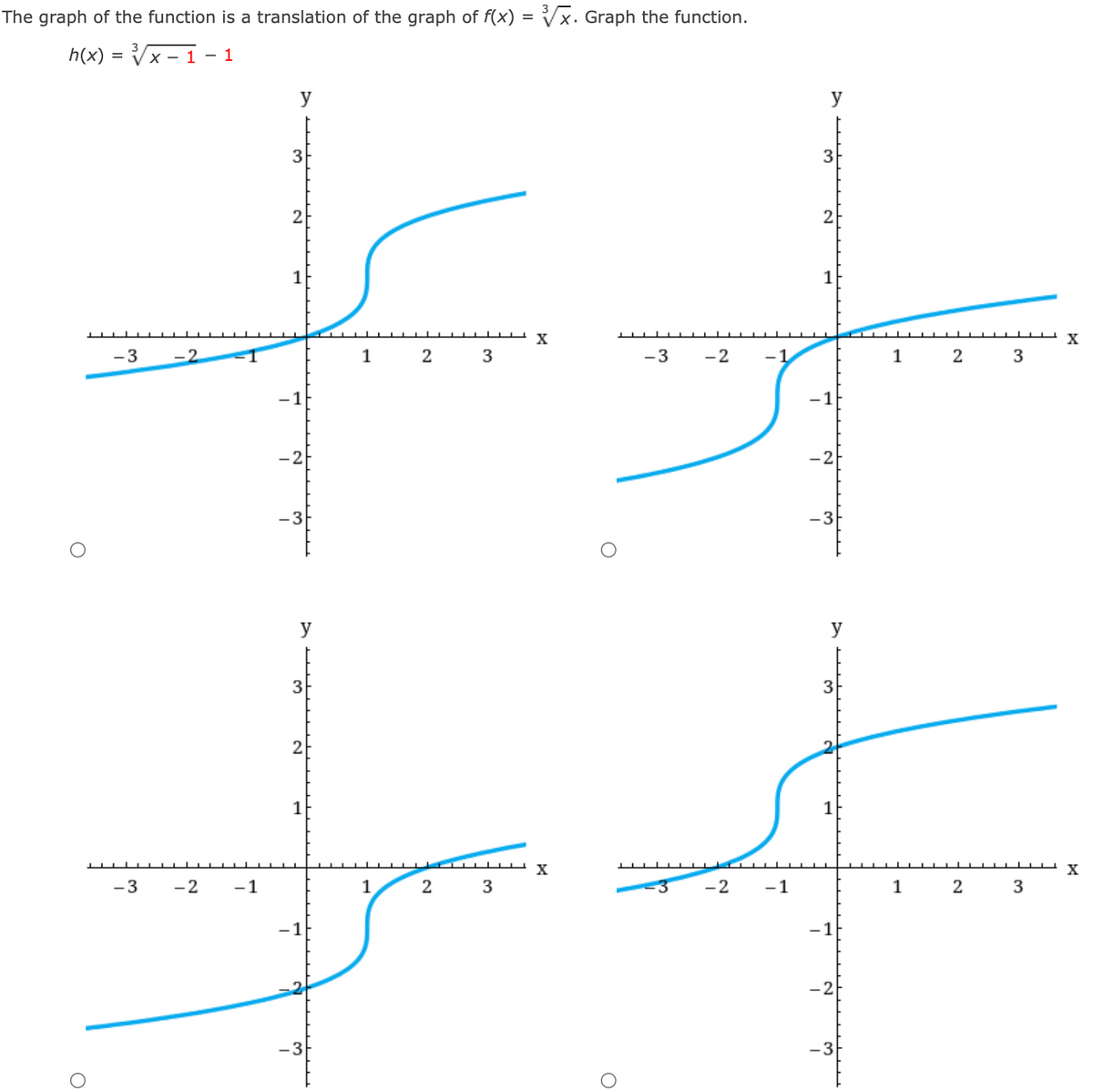 The graph of the function is a translation of the graph of f(x) = Vx. Graph the function.
h(x) = Vx -
- 1
y
y
3
3
2
2
1
1
X
-3
-2
1
2
3
-3
-2
-1
1
3
-1
-1
-2
-2
-3
y
3
3
2
1
1
-3
-2
-1
3
-2
-1
1
-1
-2
-3
2.
