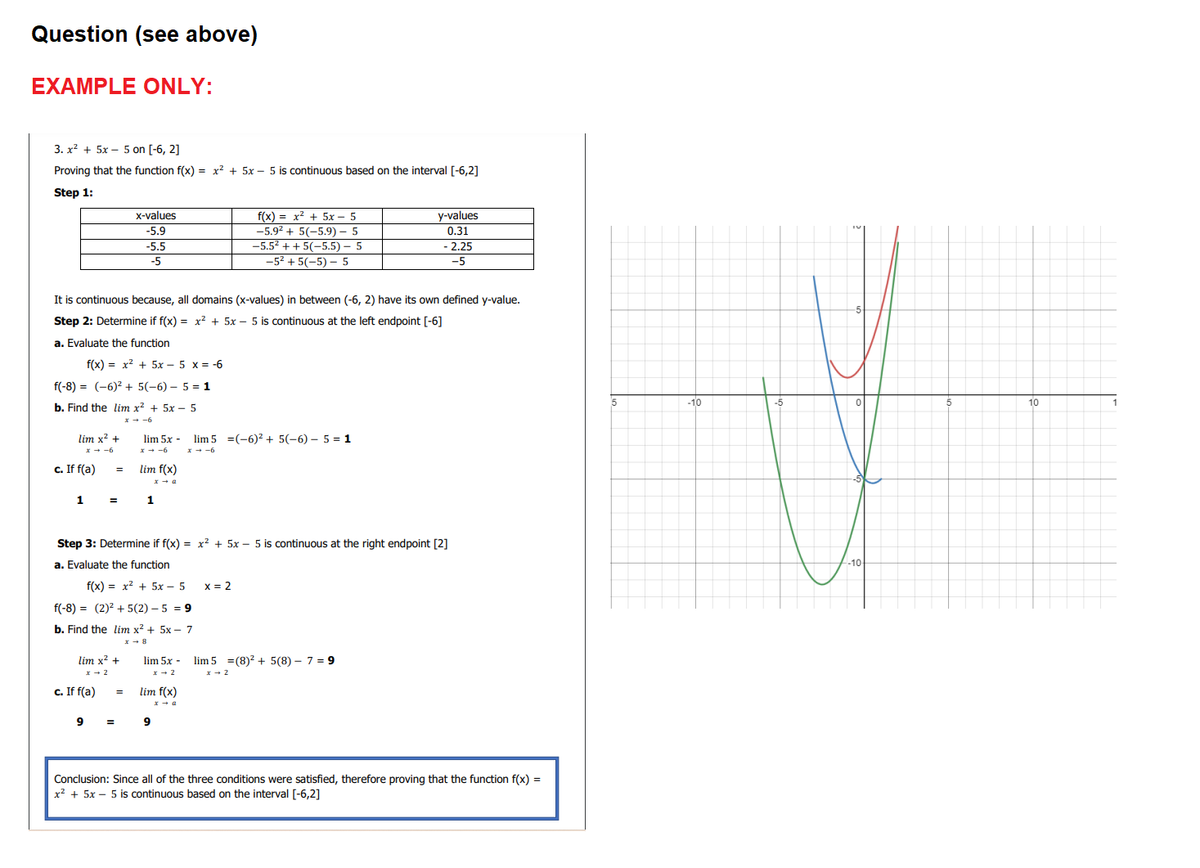 Question (see above)
EXAMPLE ONLY:
3. x? + 5x – 5 on [-6, 2]
Proving that the function f(x) = x? + 5x – 5 is continuous based on the interval [-6,2]
Step 1:
f(x) = x? + 5x - 5
-5.92 + 5(-5.9) – 5
-5.52 + + 5(-5.5) – 5
-52 + 5(-5) – 5
X-values
y-values
-5.9
0.31
-5.5
- 2.25
-5
-5
It is continuous because, all domains (x-values) in between (-6, 2) have its own defined y-value.
Step 2: Determine if f(x) = x² + 5x – 5 is oontinuous at the left endpoint [-6]
a. Evaluate the function
f(x) = x? + 5x – 5 x = -6
f(-8) = (-6)² + 5(-6) – 5 = 1
b. Find the lim x? + 5x – 5
5
-10
10
lim x? +
lim 5x -
lim 5 =(-6)2 + 5(-6) – 5 = 1
c. If f(a)
lim f(x)
1
1
Step 3: Determine if f(x) = x² + 5x – 5 is continuous at the right endpoint [2]
a. Evaluate the function
f(x) = x? + 5x – 5
x = 2
f(-8) = (2)2 + 5(2) – 5 = 9
b. Find the lim x? + 5x – 7
lim x? +
lim 5x - lim 5 =(8)? + 5(8) – 7 = 9
* + 2
c. If f(a)
lim f(x)
9
Conclusion: Since all of the three conditions were satisfied, therefore proving that the function f(x) =
x2 + 5x – 5 is continuous based on the interval [-6,2]
