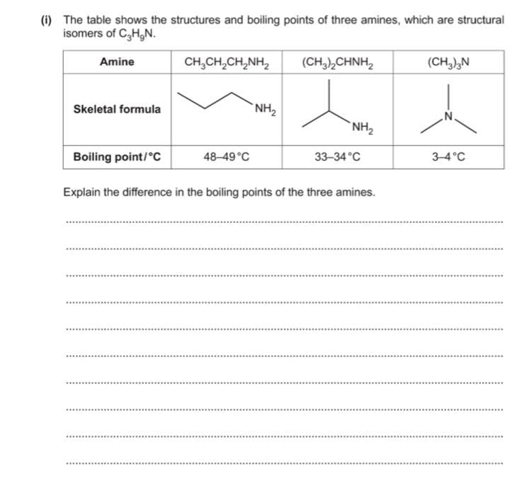 (i) The table shows the structures and boiling points of three amines, which are structural
isomers of C3H,N.
Amine
CH,CH,CH,NH,
(CH,),CHNH,
(CH,),N
Skeletal formula
`NH,
NH2
Boiling point/°c
48-49°C
33-34 °C
3-4°C
Explain the difference in the boiling points of the three amines.
....
