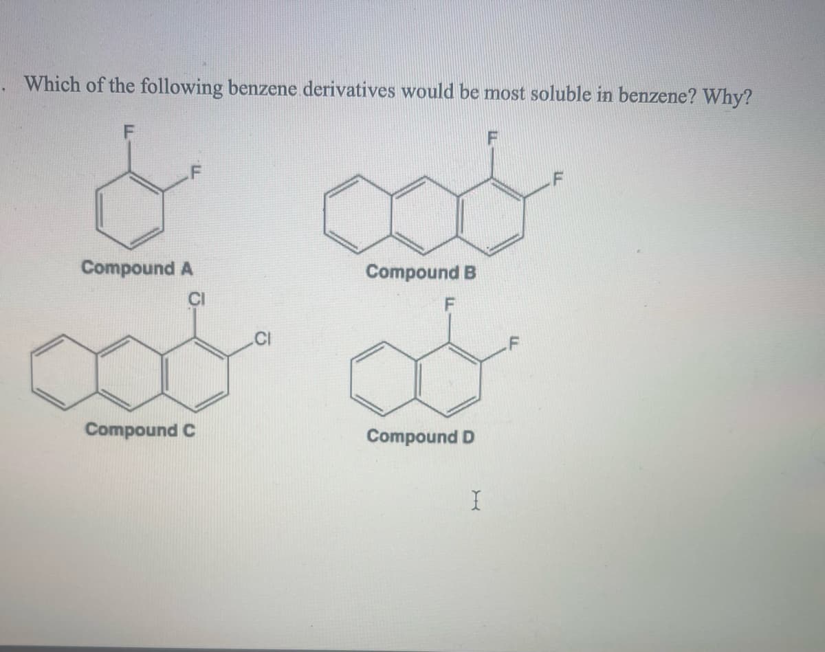 Which of the following benzene derivatives would be most soluble in benzene? Why?
&
Compound A
CI
Compound C
Compound B
F
Compound D
I