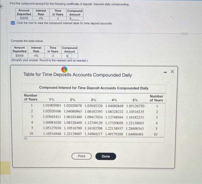 Find the compound amount for the following certificate of deposit. Assume daily compounding.
Amount
Deposited
Interest
Rate
Time
in Years
Compound
Amount
$3000
4%
2
$
Click the icon to view the compound interest table for time deposit accounts,
Complete the table below.
Amount Interest
Deposited Rate
$3000
4%
2
(Simplify your answer. Round to the nearest cent as needed.)
Table for Time Deposits Accounts Compounded Daily
Number
of Years
1
2
3
4
Time Compound
in Years Amount
50
10
Compound Interest for Time Deposit Accounts Compounded Daily
1%
2%
3%
1.01005003 1.02020078 1.03045326
1.02020106 1.04080963 1.06183393
1.03045411 1.06183480 1.09417024
1.04081020 1.08328469 1.12749129
1.05127038 1.10516789 1.16182708 1.22138937 1.28400343
1.10516940 1.22139607 1.34984217 1.49179200 1.64866481
1.17350058 1.22138603
Print
4%
5%
1.04080849 1.05126750
1.08328232 1.10516335
1.12748944 1.16182231
Done
Number
of Years
1
3
4
5
10
. X
-