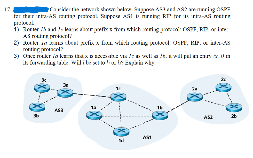 17.
Consider the network shown below. Suppose AS3 and AS2 are running OSPF
for their intra-AS routing protocol. Suppose AS1 is running RIP for its intra-AS routing
protocol.
1) Router 16 and 1c learns about prefix x from which routing protocol: OSPF, RIP, or inter-
AS routing protocol?
2) Router la learns about prefix x from which routing protocol: OSPF, RIP, or inter-AS
routing protocol?
3) Once router la learns that x is accessible via Ic as well as 1b, it will put an entry (x, 1) in
its forwarding table. Will / be set to l₁ or 1₂? Explain why.
3b
3c
3a
AS3
1a
1c
1d
AS1
1b
2a
AS2
2c
2b