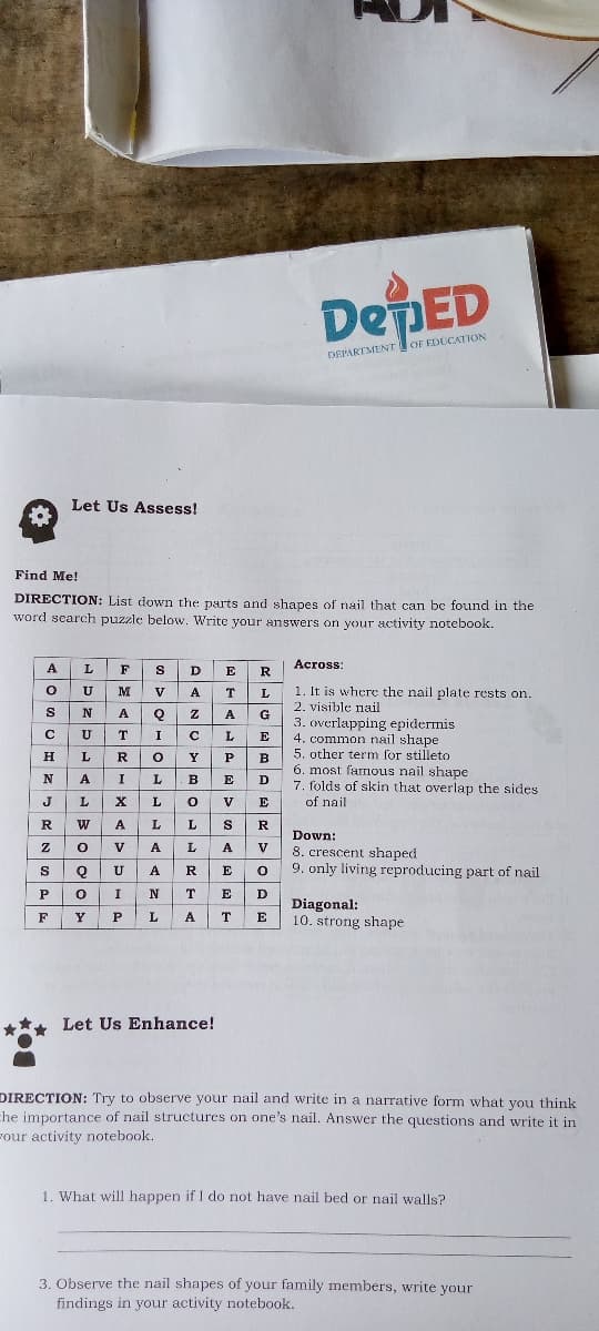 DEPARTMENTOF EDUCATION
Let Us Assess!
Find Me!
DIRECTION: List down the parts and shapes of nail that can be found in the
word search puzzle below. Write your answers on your activity notebook.
A
S
Across:
L
F
D
E
R.
U
M
1. It is where the nail plate rests on.
V
A
T
L
2. visible nail
G
3. overlapping epidermis
E
S
N
A
A
т
I
L
4. common nail shape
5. other term for stilleto
H.
L
R
Y
P
B
6. most farmous nail shape
L.
B
E
7. folds of skin that overlap the sides
J
L
L
V
E
of nail
R
A
L
L
R
Down:
V
A
L.
A
V
8. crescent shaped
9. only living reproducing part of nail
S
U
A
R
E
P
I
T
E
D
Diagonal:
10. strong shape
F
Y
A
T
Let Us Enhance!
DIRECTION: Try to observe your nail and write in a narrative form what you think
che importance of nail structures on one's nail. Answer the questions and write it in
Four activity notebook.
1. What will happen if I do not have nail bed or nail walls?
3. Observe the nail shapes of your family members, write your
findings in your activity notebook.
