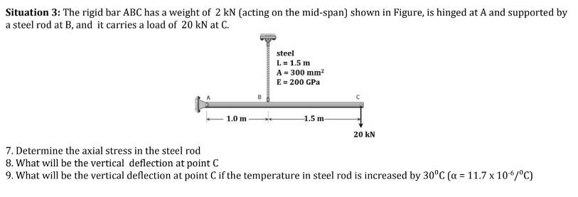 Situation 3: The rigid bar ABC has a weight of 2 kN (acting on the mid-span) shown in Figure, is hinged at A and supported by
a steel rod at B, and it carries a load of 20 kN at C.
1.0 m
steel
L = 1.5 m
A = 300 mm²
E = 200 GPa
-1.5 m-
20 kN
7. Determine the axial stress in the steel rod
8. What will be the vertical deflection at point C
9. What will be the vertical deflection at point C if the temperature in steel rod is increased by 30°C (a = 11.7 x 106/°C)