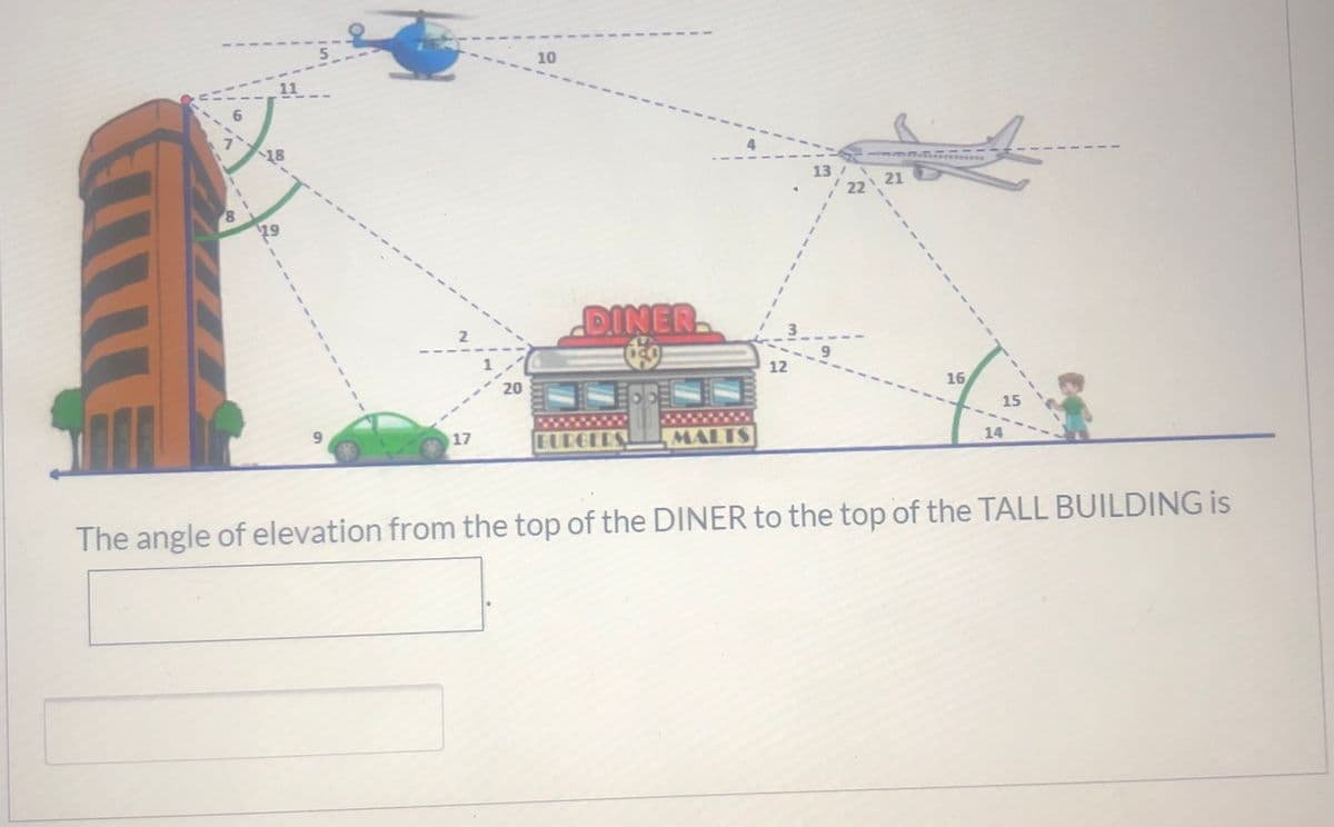 10
11
6.
18
13 21
22
DINER
3
2
1
12
16
20
15
17
MALTS
14
The angle of elevation from the top of the DINER to the top of the TALL BUILDING is
