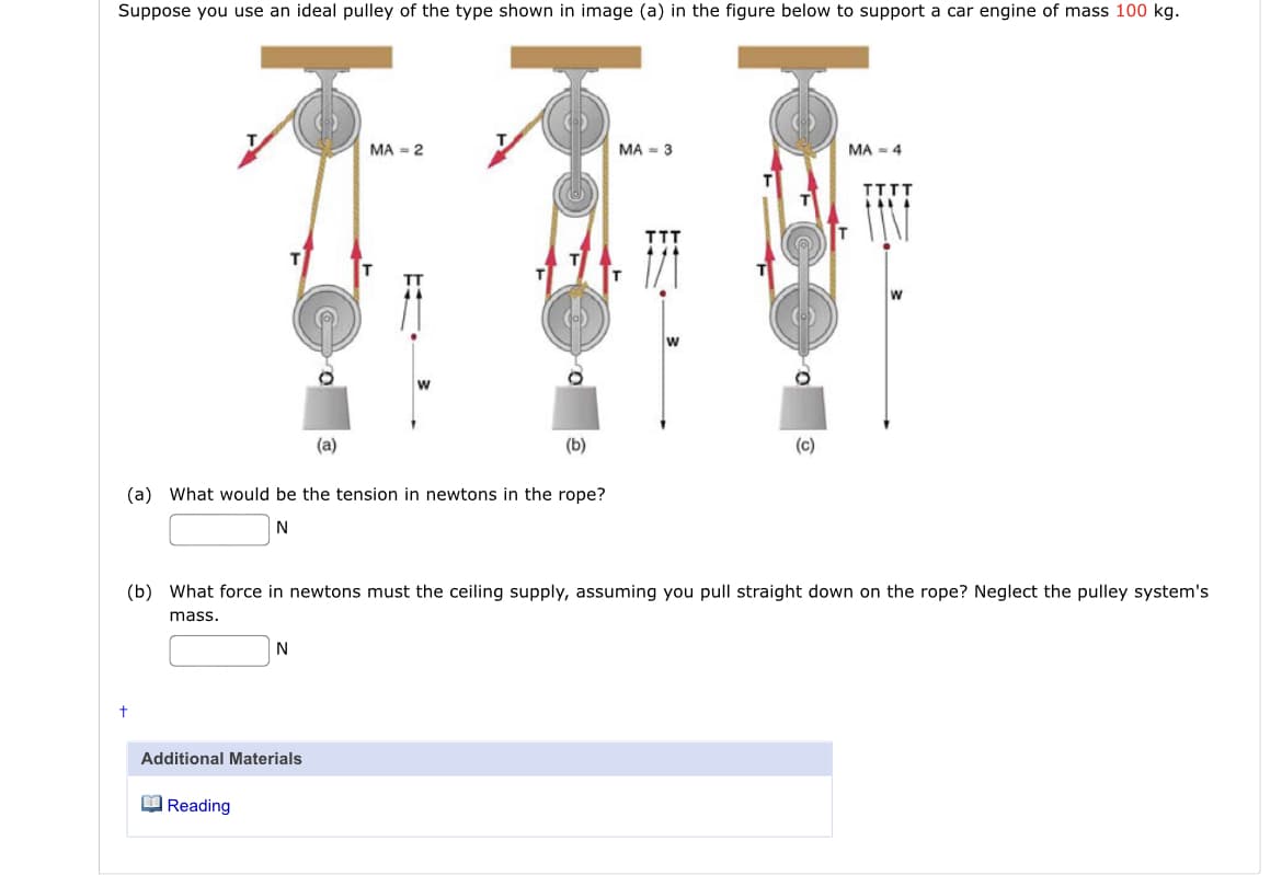 Suppose you use an ideal pulley of the type shown in image (a) in the figure below to support a car engine of mass 100 kg.
MA = 2
MA = 3
MA = 4
ITIT
TTT
w
w
(a)
(b)
(c)
(a) What would be the tension in newtons in the rope?
(b) What force in newtons must the ceiling supply, assuming you pull straight down on the rope? Neglect the pulley system's
mass.
N
Additional Materials
O Reading
