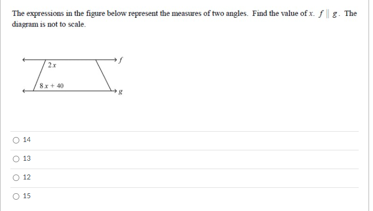 The expressions in the figure below represent the measures of two angles. Find the value of x. f || g. The
diagram is not to scale.
2.x
8x + 40
g
14
13
12
15
