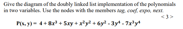 Give the diagram of the doubly linked list implementation of the polynomials
in two variables. Use the nodes with the members tag, coef, expo, next.
<3>
P(x, y) = 4 + 8x³ + 5xy + x²y² + 6y² - 3y¹ - 7x³y4