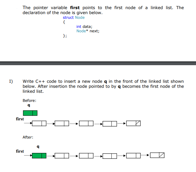 I)
The pointer variable first points to the first node of a linked list. The
declaration of the node is given below.
struct Node
{
Before:
q
Write C++ code to insert a new node q in the front of the linked list shown
below. After insertion the node pointed to by q becomes the first node of the
linked list.
first
After:
first
};
q
int data;
Node* next;