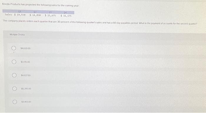 Keedis Products has projected the following sales for the coming year
Q1
02
21
04
Sales $19,550 $14,850 $ 15,675
$ 16,175
The company places orders each quarter that are 30 percent of the following quarter's sales and has a 60-day payables period. What is the payment of accounts for the second quarter?
Mutiple Choice
O
$4,52000
$3,135.00
$4,53750
$5.395.00
$4,455.00