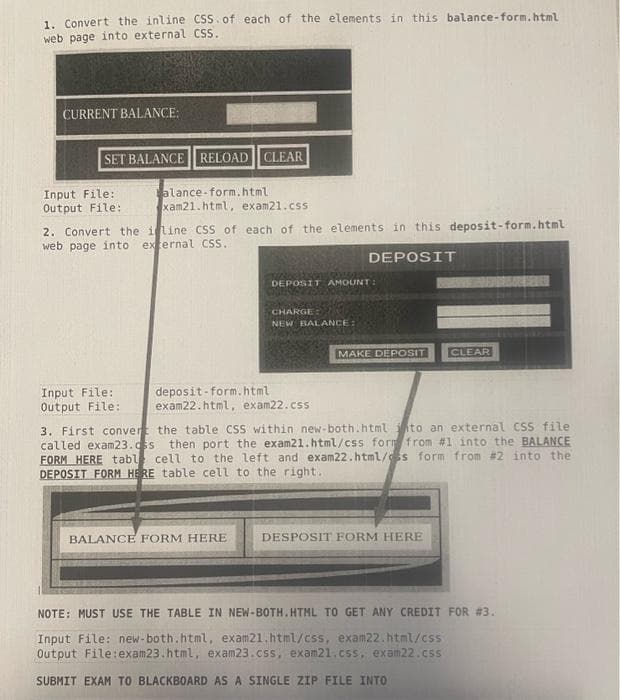 1. Convert the inline CSS. of each of the elements in this balance-form.html
web page into external CSS.
CURRENT BALANCE:
SET BALANCE RELOAD CLEAR
alance-form.html
xam21.html, exam21.css
2. Convert the line CSS of each of the elements in this deposit-form.html
web page into external CSS.
Input File:
Output File:
DEPOSIT AMOUNT:
CHARGE:
NEW BALANCE:
Input File:
deposit form.html
Output File: exam22.html, exam22.css
BALANCE FORM HERE
DEPOSIT
MAKE DEPOSIT CLEAR
3. First convert the table CSS within new-both.html to an external CSS file
called exam23.css then port the exam21.html/css form from #1 into the BALANCE
FORM HERE tabl cell to the left and exam22.html/s form from #2 into the
DEPOSIT FORM HERE table cell to the right.
DESPOSIT FORM HERE
NOTE: MUST USE THE TABLE IN NEW-BOTH.HTML TO GET ANY CREDIT FOR #3.
Input File: new-both.html, exam21.html/css, exam22.html/css
Output File:exam23.html, exam23.css, exam21.css, exam22.css
SUBMIT EXAM TO BLACKBOARD AS A SINGLE ZIP FILE INTO