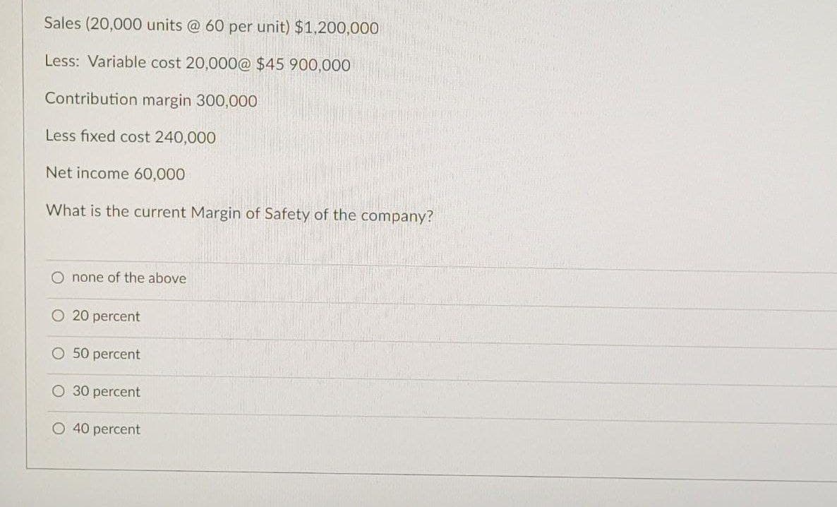 Sales (20,000 units @ 60 per unit) $1,200,000
Less: Variable cost 20,000@ $45 900,000
Contribution margin 300,000
Less fixed cost 240,000
Net income 60,000
What is the current Margin of Safety of the company?
O none of the above
O 20 percent
O 50 percent
O 30 percent
O 40 percent
