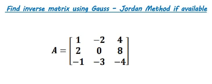 Find inverse matrix using Gauss - Jordan Method if available
-2
4
A =
a-
2
8.
-3
-41
