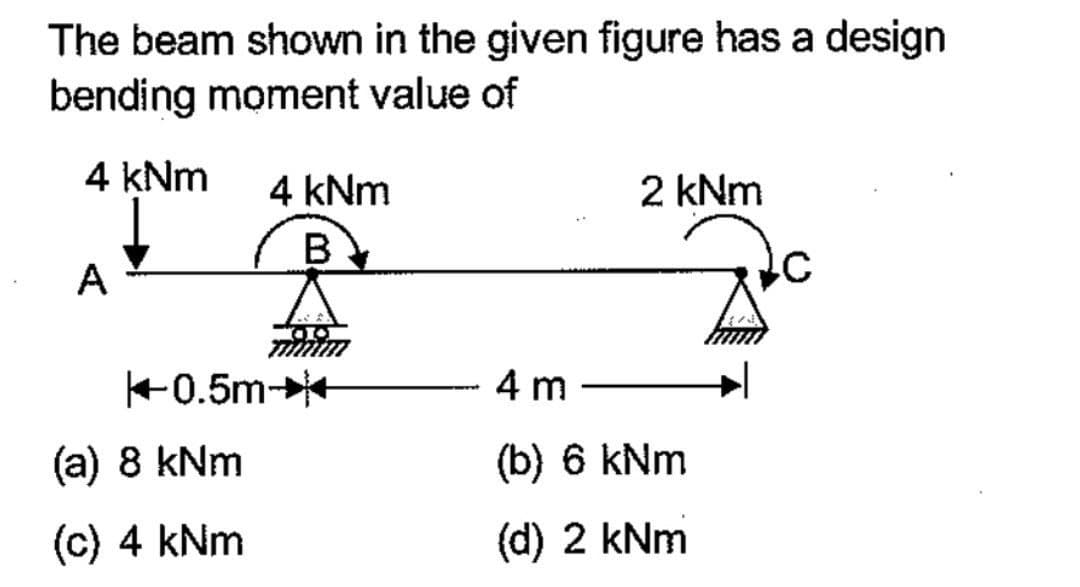 The beam shown in the given figure has a design
bending moment value of
4 kNm 4 kNm
B
A
0.5m-
(a) 8 kNm
(c) 4 kNm
2 kNm
4 m
(b) 6 kNm
(d) 2 kNm
Bo