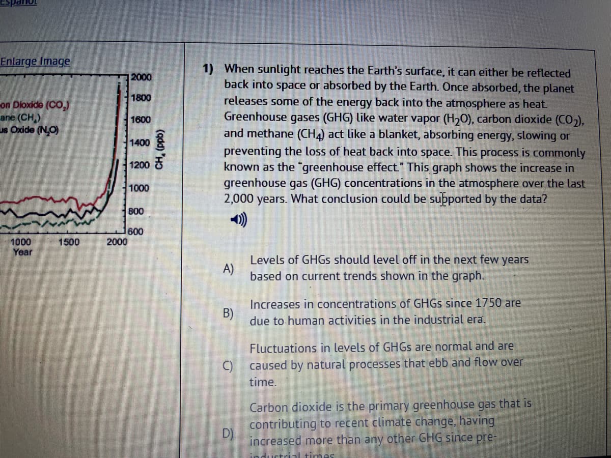 Enlarge Image
on Dioxide (CO₂)
ane (CH₂)
us Oxide (N₂O)
1000
Year
1500
2000
1800
1600
1400
1200
1000
2000
800
600
CH, (ppb)
1) When sunlight reaches the Earth's surface, it can either be reflected
back into space or absorbed by the Earth. Once absorbed, the planet
releases some of the energy back into the atmosphere as heat.
Greenhouse gases (GHG) like water vapor (H₂O), carbon dioxide (CO₂),
and methane (CH4) act like a blanket, absorbing energy, slowing or
preventing the loss of heat back into space. This process is commonly
known as the "greenhouse effect." This graph shows the increase in
greenhouse gas (GHG) concentrations in the atmosphere over the last
2,000 years. What conclusion could be supported by the data?
-))
A)
B)
Levels of GHGs should level off in the next few years
based on current trends shown in the graph.
D)
Increases in concentrations of GHGs since 1750 are
due to human activities in the industrial era.
Fluctuations in levels of GHGS are normal and are
C) caused by natural processes that ebb and flow over
time.
Carbon dioxide is the primary greenhouse gas that is
contributing to recent climate change, having
increased more than any other GHG since pre-
industrial times