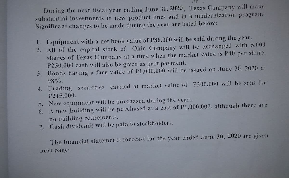 During the next fiscal year ending June 30, 2020, Texas Company will nake
substantial investments in new product lines and in a modernization program.
Significant changes to be made during the year are listed below:
1. Equipment with a net book value of P86,000 will be sold during the year.
2. All of the capital stock of Ohio Company will be exchanged with 5,000
shares of Texas Company at a time when the market value is P40 per share.
P250,000 cash will also be given as part payment.
3. Bonds having a face value of P1,000,000 will be issued on June 30, 2020 at
98%.
4. Trading securities carried at market value of P200,000 will be sold for
P215,000.
5. New equipment will be purchased during the year.
6. A new building will be purchased at a cost of P1,000,000, although there ar
no building retirements.
7. Cash dividends will be paid to stockholders.
The financial statements forccast for the year ended June 30, 2020 are given
next page:
