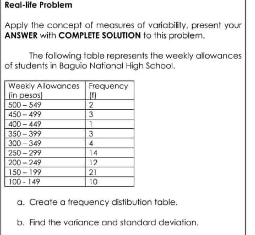 Real-life Problem
Apply the concept of measures of variability, present your
ANSWER with COMPLETE SOLUTION to this problem.
The following table represents the weekly allowances
of students in Baguio National High School.
Weekly Allowances
Frequency
(in pesos)
(f)
500-549
2
450-499
400-449
350-399
300-349
250-299
200-249
150-199
21
100 - 149
10
a. Create a frequency distibution table.
b. Find the variance and standard deviation.
23
3
1
3
4
14
12