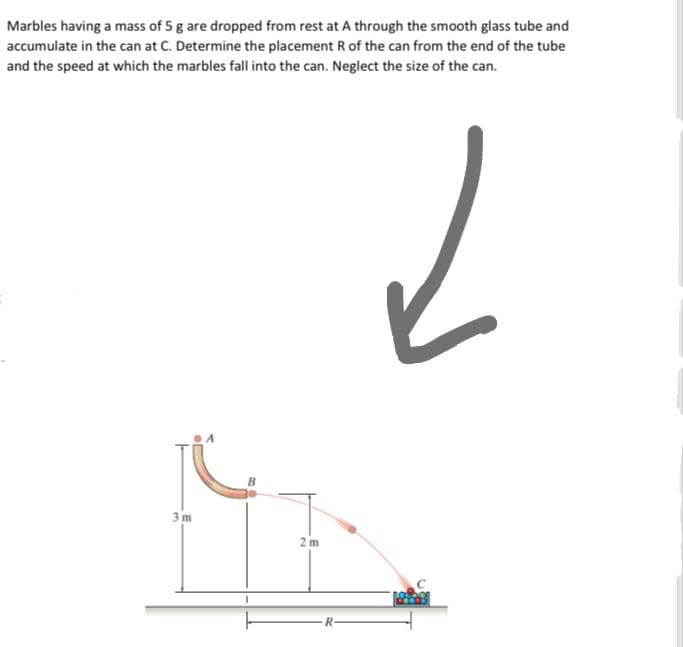 Marbles having a mass of 5 g are dropped from rest at A through the smooth glass tube and
accumulate in the can at C. Determine the placement R of the can from the end of the tube
and the speed at which the marbles fall into the can. Neglect the size of the can.
3 m
2 m
R-
