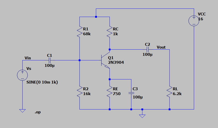 VCC
16
R1
68k
RC
1k
C2
Vout
C1
100µ
Q1
2N3904
Vin
100µ
Vs
SINE(0 10m 1k)
R2
RE
C3
RL
16k
750
6.2k
100µ
.op
