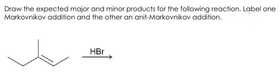 Draw the expected major and minor products for the following reaction. Label one
Markovnikov addition and the other an anit-Markovnikov addition.
HBr