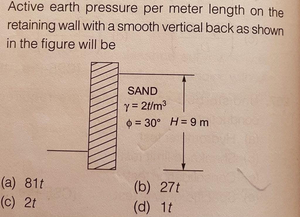 Active earth pressure per meter length on the
retaining wall with a smooth vertical back as shown
in the figure will be
SAND
Y = 2t/m3
$ = 30° H= 9 m
(a) 81t
(b) 27t
(d) 1t
(c) 2t
