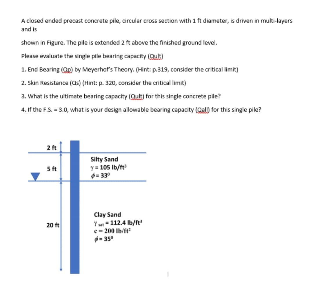 A closed ended precast concrete pile, circular cross section with 1 ft diameter, is driven in multi-layers
and is
shown in Figure. The pile is extended 2 ft above the finished ground level.
Please evaluate the single pile bearing capacity (Qult)
1. End Bearing (Op) by Meyerhof's Theory. (Hint: p.319, consider the critical limit)
2. Skin Resistance (Qs) (Hint: p. 320, consider the critical limit)
3. What is the ultimate bearing capacity (Qult) for this single concrete pile?
4. If the F.S. = 3.0, what is your design allowable bearing capacity (Qall) for this single pile?
2 ft
Silty Sand
Y = 105 Ib/ft3
Ø = 330
5 ft
Clay Sand
Y sat = 112.4 Ib/ft³
c = 200 lb/ft²
$ = 35°
20 ft
