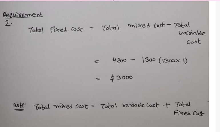 Peguixement
2.
Total
mixed cost- Total
Total Fixed cast
%3D
variable
Cost
4300 - 1300 (1300x 1)
$ 3 000
%3D
Total mited Cast = Total variable cast + Total
Fixed Cast
note
%3D
