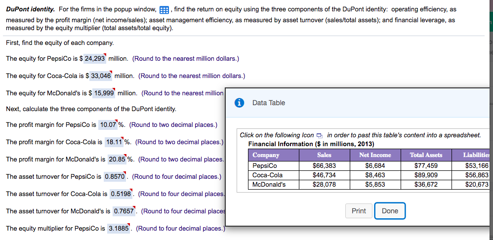 DuPont identity. For the firms in the popup window, , find the return on equity using the three components of the DuPont identity: operating efficiency, as
measured by the profit margin (net income/sales); asset management efficiency, as measured by asset turnover (sales/total assets); and financial leverage, as
measured by the equity multiplier (total assets/total equity).
First, find the equity of each company.
The equity for PepsiCo is $ 24,293 million. (Round to the nearest million dollars.)
The equity for Coca-Cola is $ 33,046 million. (Round to the nearest million dollars.)
The equity for McDonald's is $ 15,999' million. (Round to the nearest million
Data Table
Next, calculate the three components of the DuPont identity.
The profit margin for PepsiCo is 10.07 %. (Round to two decimal places.)
Click on the following Icon in order to past this table's content into a spreadsheet.
Financial Information ($ in millions, 2013)
The profit margin for Coca-Cola is 18.11 %. (Round to two decimal places.)
Company
Sales
Net Income
Total Assets
Liabilities
The profit margin for McDonald's is 20.85 %. (Round to two decimal places.
PepsiCo
$53,166
$77,459
$89,909
$66,383
$6,684
Coca-Cola
$46,734
$56,863
$20,673
The asset turnover for PepsiCo is 0.8570'. (Round to four decimal places.)
$8,463
McDonald's
$28,078
$5,853
$36,672
The asset turnover for Coca-Cola is 0.5198. (Round to four decimal places.
The asset turnover for McDonald's is 0.7657. (Round to four decimal places
Print
Done
The equity multiplier for PepsiCo is 3.1885. (Round to four decimal places.)
