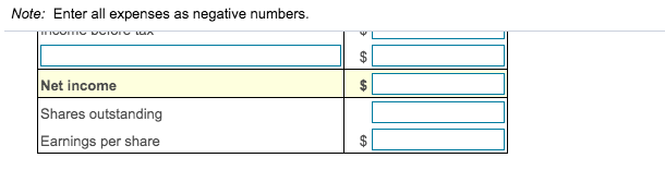 Note: Enter all expenses as negative numbers.
Net income
Shares outstanding
Earnings per share
%24
