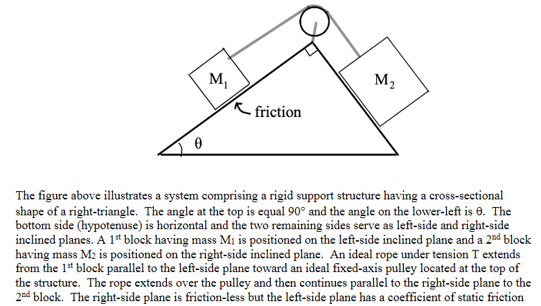 M,
M2
e friction
The figure above illustrates a system comprising a rigid support structure having a cross-sectional
shape of a right-triangle. The angle at the top is equal 90° and the angle on the lower-left is 0. The
bottom side (hypotenuse) is horizontal and the two remaining sides serve as left-side and right-side
inclined planes. A 1ª block having mass Mi is positioned on the left-side inclined plane and a 2nd block
having mass M2 is positioned on the right-side inclined plane. An ideal rope under tension T extends
from the 1st block parallel to the left-side plane toward an ideal fixed-axis pulley located at the top of
the structure. The rope extends over the pulley and then continues parallel to the right-side plane to the
2nd block. The right-side plane is friction-less but the left-side plane has a coefficient of static frietion
