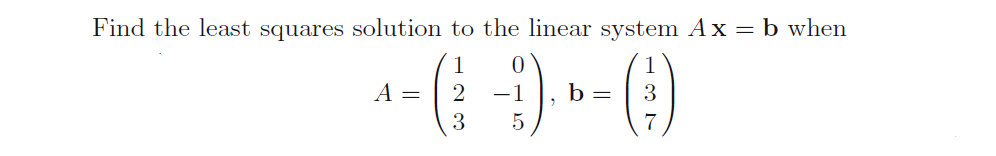 Find the least squares solution to the linear system Ax = b when
1
2
3
A =
0
-1
5
b = 3