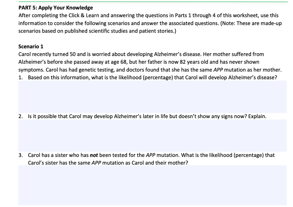 PART 5: Apply Your Knowledge
After completing the Click & Learn and answering the questions in Parts 1 through 4 of this worksheet, use this
information to consider the following scenarios and answer the associated questions. (Note: These are made-up
scenarios based on published scientific studies and patient stories.)
Scenario 1
Carol recently turned 50 and is worried about developing Alzheimer's disease. Her mother suffered from
Alzheimer's before she passed away at age 68, but her father is now 82 years old and has never shown
symptoms. Carol has had genetic testing, and doctors found that she has the same APP mutation as her mother.
1. Based on this information, what is the likelihood (percentage) that Carol will develop Alzheimer's disease?
2.
Is it possible that Carol may develop Alzheimer's later in life but doesn't show any signs now? Explain.
3. Carol has a sister who has not been tested for the APP mutation. What is the likelihood (percentage) that
Carol's sister has the same APP mutation as Carol and their mother?
