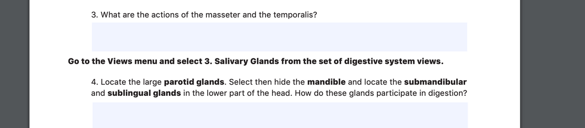 3. What are the actions of the masseter and the temporalis?
Go to the Views menu and select 3. Salivary Glands from the set of digestive system views.
4. Locate the large parotid glands. Select then hide the mandible and locate the submandibular
and sublingual glands in the lower part of the head. How do these glands participate in digestion?
