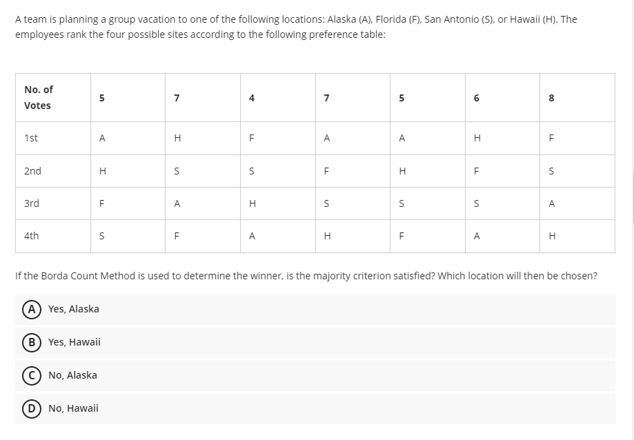 A team is planning a group vacation to one of the following locations: Alaska (A), Florida (F), San Antonio (S), or Hawaii (H). The
employees rank the four possible sites according to the following preference table:
No. of
5
7
7
6
8.
Votes
1st
A
А
H
2nd
H
H
3rd
F
A
H
S
A
4th
A
H
A
H
If the Borda Count Method is used to determine the winner, is the majority criterion satisfied? Which location will then be chosen?
(A) Yes, Alaska
B Yes, Hawaii
No, Alaska
D) No, Hawaii
