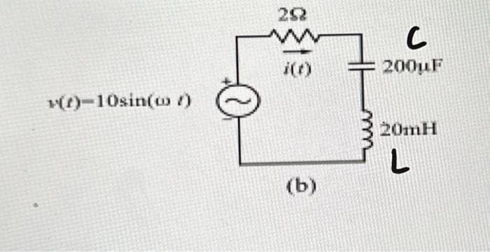 **Series RLC Circuit Diagram**

---

*Educational Content for [Website Name]*

---

In this diagram, we observe a classic Series RLC (Resistor-Inductor-Capacitor) circuit. This kind of circuit is fundamental in electrical engineering for understanding oscillatory systems and resonance phenomena.

**Components and Notations:**

1. **AC Voltage Source ($\mathbf{v(t)}$):**
   - **Expression:** \( v(t) = 10\sin(\omega t) \)
   - This represents an alternating current (AC) voltage source where the voltage varies sinusoidally with time. The amplitude of the voltage is 10 volts, and it oscillates with an angular frequency \(\omega\).

2. **Resistor ($\mathbf{R}$):**
   - **Value:** 2 Ohms (\(\Omega\))
   - Represented by a zigzag line in the diagram. The resistor opposes the flow of current and causes a voltage drop that is directly proportional to the current flowing through it.

3. **Inductor ($\mathbf{L}$):**
   - **Value:** 20 milliHenrys (mH)
   - Denoted by a coiled symbol. The inductor creates a magnetic field when current flows through it and stores energy temporarily. It opposes changes in current flow.

4. **Capacitor ($\mathbf{C}$):**
   - **Value:** 200 microFarads (\(\mu F\))
   - Represented by two parallel lines. The capacitor stores energy in an electric field between its plates and can release that energy back into the circuit.

5. **Current ($\mathbf{i(t)}$):**
   - This is the current flowing through the circuit, denoted by \( i(t) \).

6. **Points of Interest:**
   - The components are connected in series, which means the same current flows through each component while the voltage across each component can be different.

**Explanation of Working:**

When the AC voltage source applies a sinusoidal voltage \(v(t) = 10\sin(\omega t)\), the circuit will experience current \(i(t)\) that varies over time. This current results from the interplay between the resistor, inductor, and capacitor. The resistor provides resistance, the inductor introduces inductive reactance, and the capacitor contributes capacitive reactance, each influencing the overall impedance of the circuit and the phase relationship between the