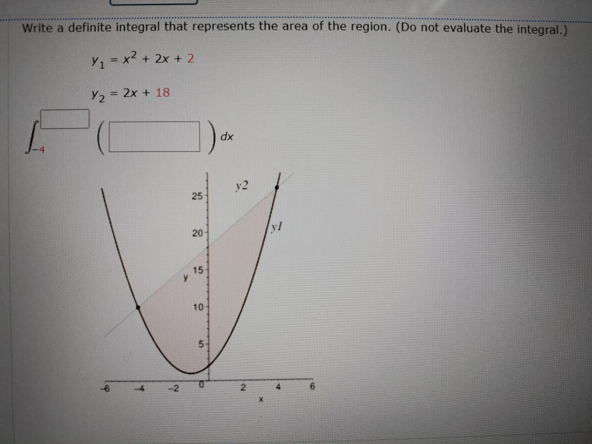 Write a definite integral that represents the area of the region. (Do not evaluate the integral.)
y, = x2 + 2x + 2
Y2
= 2x + 18
xp
y2
25
20
yl
15
10
5-
6.
