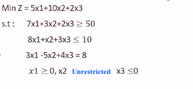 Min Z = 5x1+10x2+2x3
s.t: 7x1+3x2+2x3> 50
8x1+x2+3x3 < 10
3x1 -5x2+4x3 = 8
x1 > 0, x2 Unrestricted x3 <0
