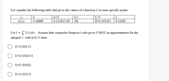 Let consider the following table that gives the values of a function f at some specific points:
f(x)
0.25
| 0.5
0.111815+D 3D
| 0.75
D+0.101315 0.14285
0.16666
Let / = f(x)dx. Assume that composite Simpson's rule gives 0.16032 as approximation for the
integral I with h=0.25 then:
D=0.00612
O D=0.054415
D=0.00682
D=0.00573
