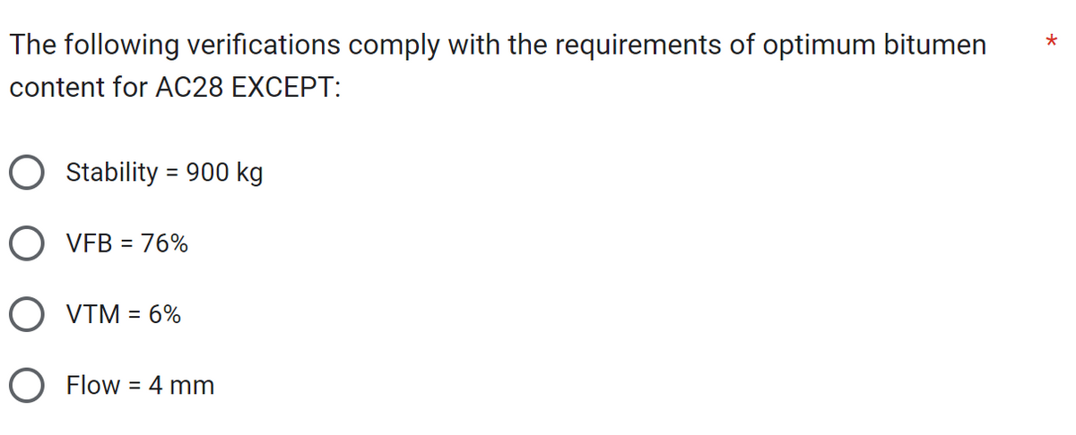 The following verifications comply with the requirements of optimum bitumen
content for AC28 EXCEPT:
Stability = 900 kg
O VFB = 76%
O VTM = 6%
O Flow = 4 mm
*