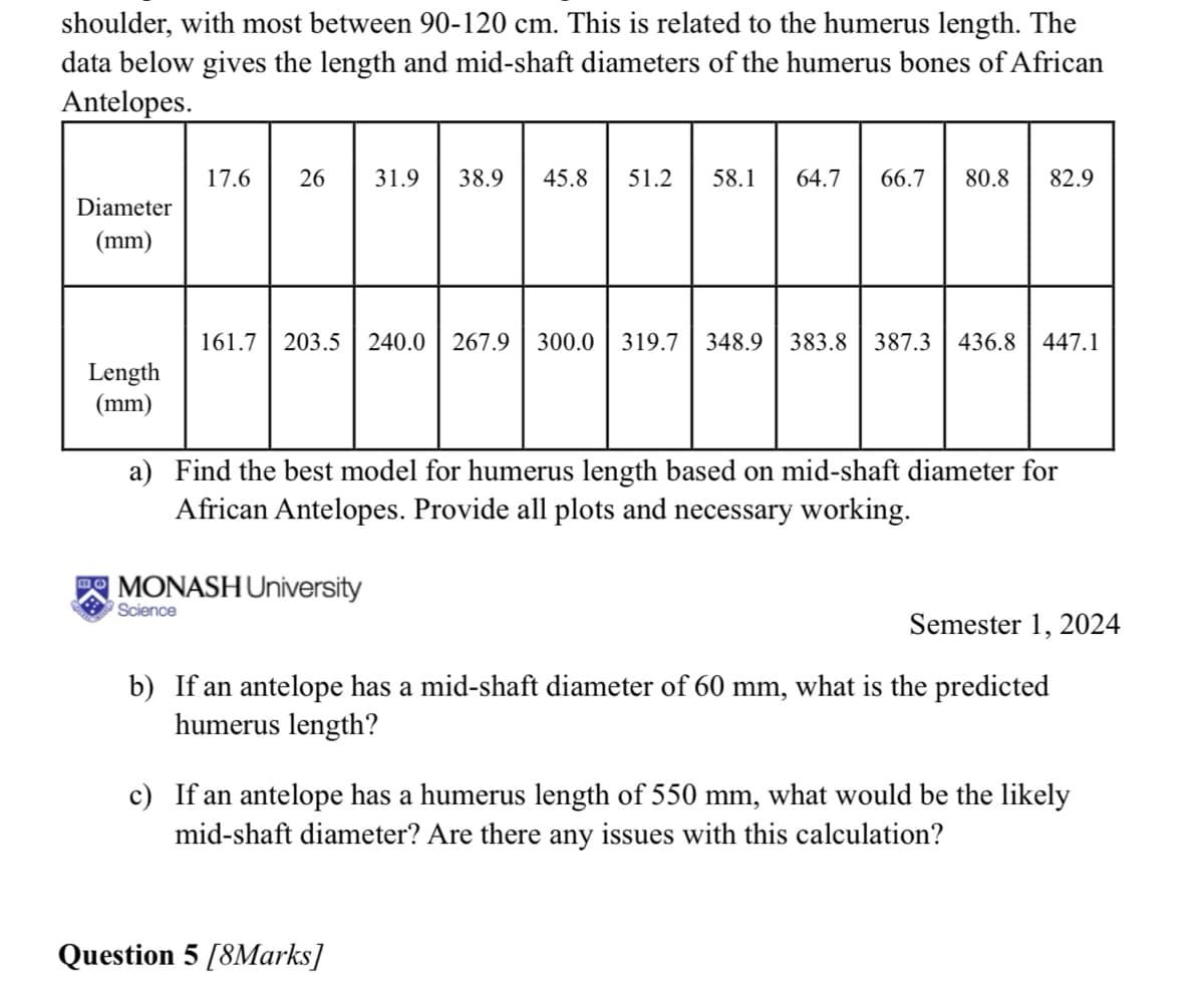 shoulder, with most between 90-120 cm. This is related to the humerus length. The
data below gives the length and mid-shaft diameters of the humerus bones of African
Antelopes.
Diameter
(mm)
17.6
26
31.9 38.9 45.8 51.2 58.1 64.7 66.7 80.8 82.9
Length
(mm)
161.7 203.5 240.0 267.9 300.0 319.7 348.9 383.8 387.3 436.8 447.1
a) Find the best model for humerus length based on mid-shaft diameter for
African Antelopes. Provide all plots and necessary working.
MONASH University
Science
Semester 1, 2024
b) If an antelope has a mid-shaft diameter of 60 mm, what is the predicted
humerus length?
c) If an antelope has a humerus length of 550 mm, what would be the likely
mid-shaft diameter? Are there any issues with this calculation?
Question 5 [8Marks]