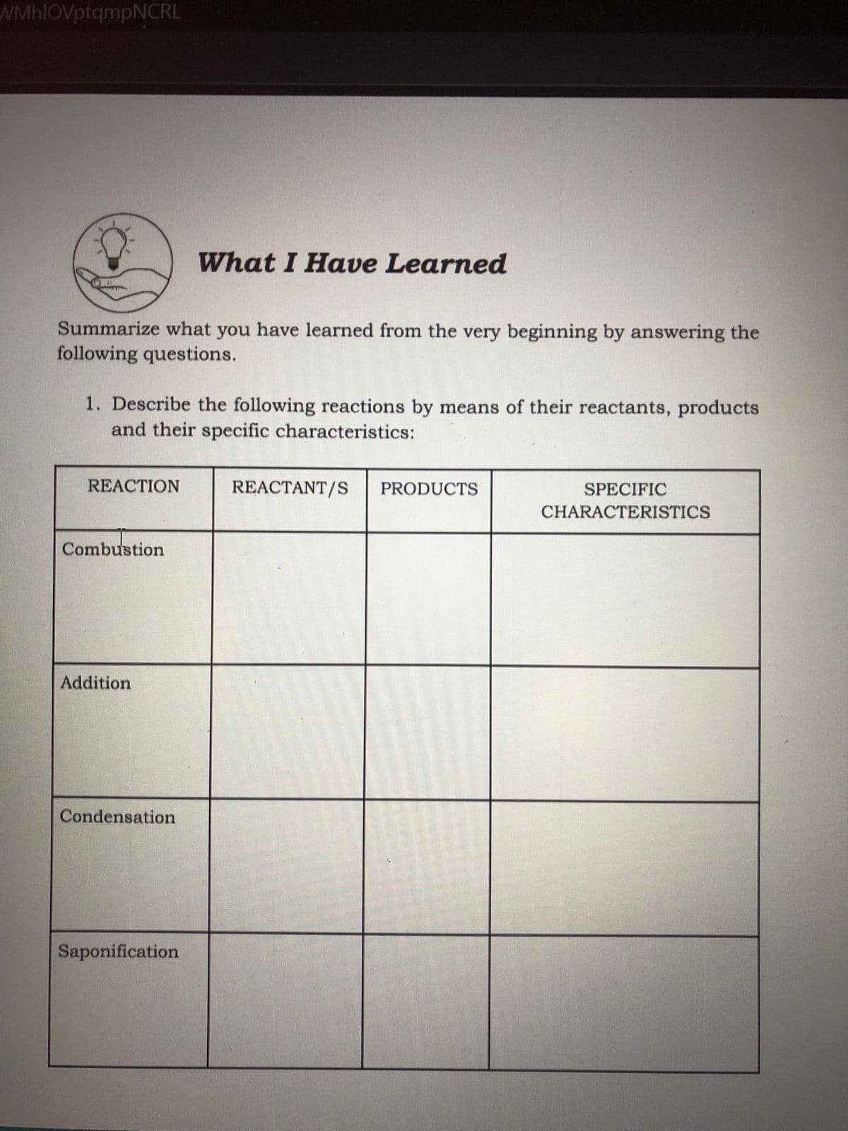 WMhlOVptqmpNCRL
What I Have Learned
Summarize what you have learned from the very beginning by answering the
following questions.
1. Describe the following reactions by means of their reactants, products
and their specific characteristics:
REACTION
REACTANT/S
PRODUCTS
SPECIFIC
CHARACTERISTICS
Combustion
Addition
Condensation
Saponification
