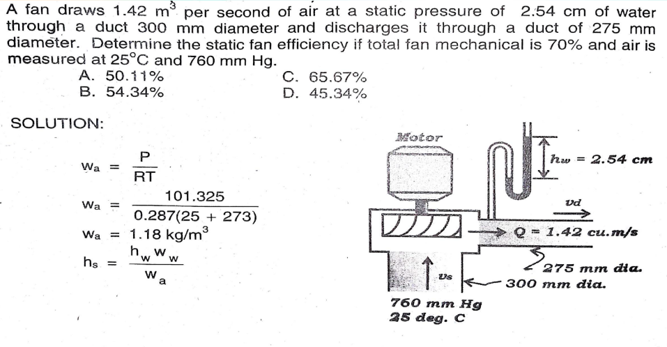 A fan draws 1.42 m³ per second of air at a static pressure of 2.54 cm of water
through a duct 300 mm diameter and discharges it through a duct of 275 mm
diameter. Determine the static fan efficiency if total fan mechanical is 70% and air is
measured at 25°C and 760 mm Hg.
A. 50.11%
B. 54.34%
SOLUTION:
Wa =
hs
RT
Wa =
Wa = 1.18 kg/m³
=
101.325
0.287(25+273)
h W
W
W
a
W
C. 65.67%
D. 45.34%
Motor
1
Us
760 mm Hg
25 deg. C
hw= 2.54 cm
Vd
> Q = 1.42 cu.m/s
2275 m
mm dia.
300 mm dia.