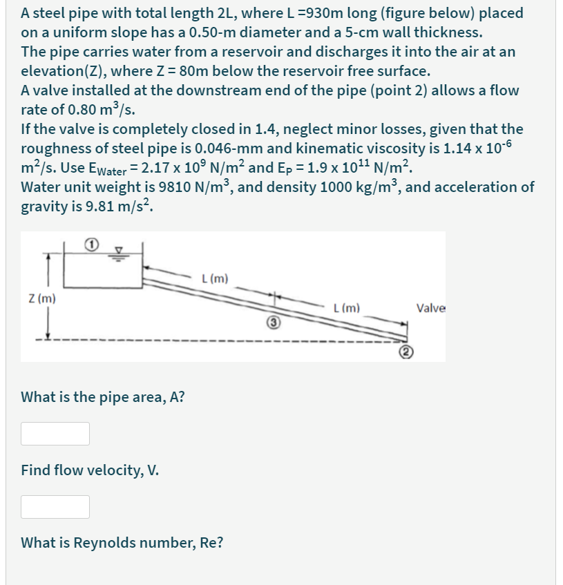 A steel pipe with total length 2L, where L =930m long (figure below) placed
on a uniform slope has a 0.50-m diameter and a 5-cm wall thickness.
The pipe carries water from a reservoir and discharges it into the air at an
elevation(Z), where Z = 80m below the reservoir free surface.
A valve installed at the downstream end of the pipe (point 2) allows a flow
rate of 0.80 m /s.
If the valve is completely closed in 1.4, neglect minor losses, given that the
roughness of steel pipe is 0.046-mm and kinematic viscosity is 1.14 x 10-6
m2/s. Use Ewater = 2.17 x 10° N/m² and Ep = 1.9 x 1011 N/m².
Water unit weight is 9810 N/m³, and density 1000 kg/m³, and acceleration of
gravity is 9.81 m/s².
L (m)
Z (m)
L (m)
Valve
3
What is the pipe area, A?
Find flow velocity, V.
What is Reynolds number, Re?
