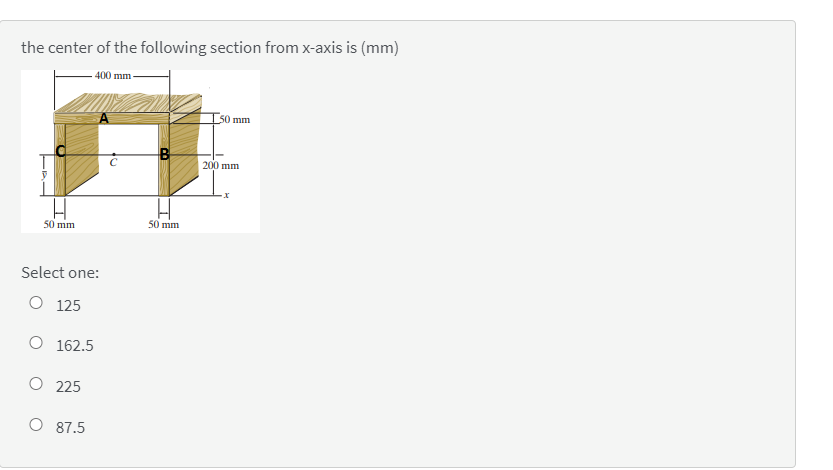 the center of the following section from x-axis is (mm)
400 mm
50 mm
200 mm
50 mm
50 mm
Select one:
O 125
O 162.5
O 225
O 87.5
