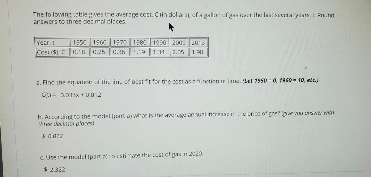 The following table gives the average cost, C (in dollars), of a gallon of gas over the last several years, t. Round
answers to three decimal places.
1960 1970 1980 1990
Year, t
Cost ($), C
1950
2009 2013
0.18
0.25
0.36
1.19
1.34
2.05
1.98
a. Find the equation of the line of best fit for the cost as a function of time. (Let 1950 = 0, 1960 = 10, etc.)
C(t) = 0.033x + 0.012
b. According to the model (part a) what is the average annual increase in the price of gas? (give you answer with
three decimal places)
$ 0.012
c. Use the model (part a) to estimate the cost of gas in 2020.
$ 2.322
