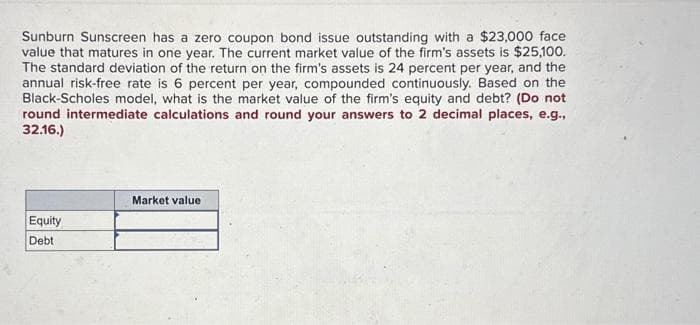 Sunburn Sunscreen has a zero coupon bond issue outstanding with a $23,000 face
value that matures in one year. The current market value of the firm's assets is $25,100.
The standard deviation of the return on the firm's assets is 24 percent per year, and the
annual risk-free rate is 6 percent per year, compounded continuously. Based on the
Black-Scholes model, what is the market value of the firm's equity and debt? (Do not
round intermediate calculations and round your answers to 2 decimal places, e.g.,
32.16.)
Equity
Debt
Market value