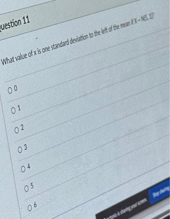 question 11
What value of x is one standard deviation to the left of the mean if X-N5, 12
00
01
02
0 3
04
05
06
prio is sharing your screen Spring