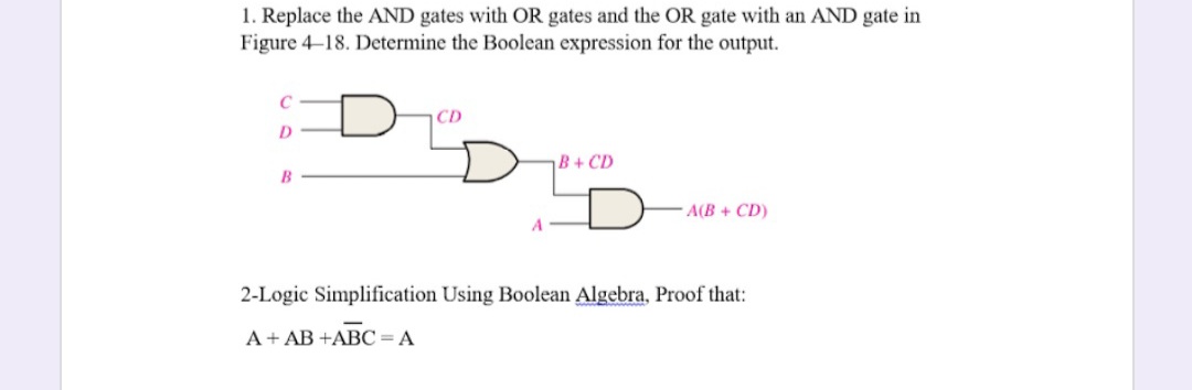 1. Replace the AND gates with OR gates and the OR gate with an AND gate in
Figure 4-18. Determine the Boolean expression for the output.
C
CD
B+CD
B
A(B + CD)
2-Logic Simplification Using Boolean Algebra, Proof that:
A + AB +ABC=A
